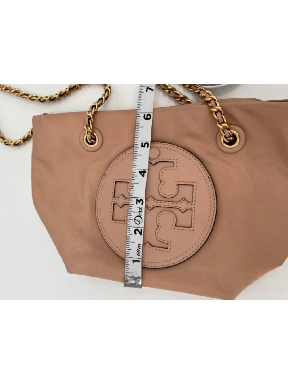 Tory Burch Ella Small Chain Crossbody Pink Sand Nylon Zip Tote Gold Logo Bag